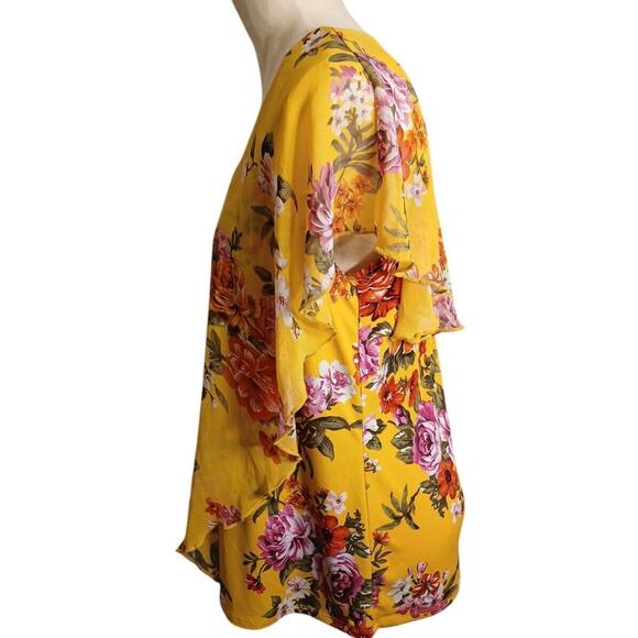 Exotic Tropical Tunic Blouse Sz L Yellow Rhinestones Floral Kimono Flowy Cottage - Picture 12 of 14